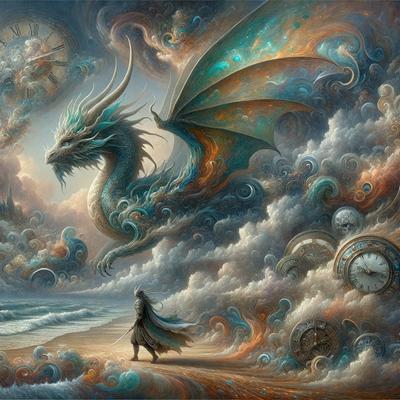 Primary subject: A dragon with a sword in its mouth.

Setting/background: A beach with a clock in the background.

Visual style: Digital art.

Colors and mood: The dragon is blue and green, and the overall atmosphere is fantastical and adventurous.
